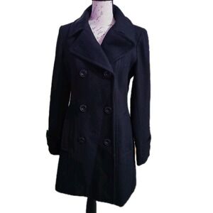 Anne Klein Black Wool Blend Peacoat XS Double Breasted Classic Winter Coat Lined